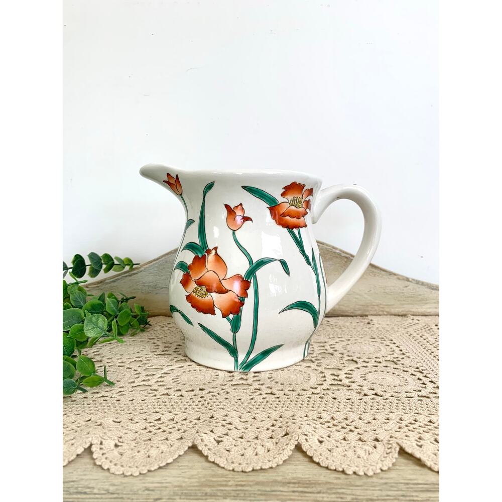 Vintage Floral Ceramic Pitcher Vase Cottagecore Farmhouse Country Romance